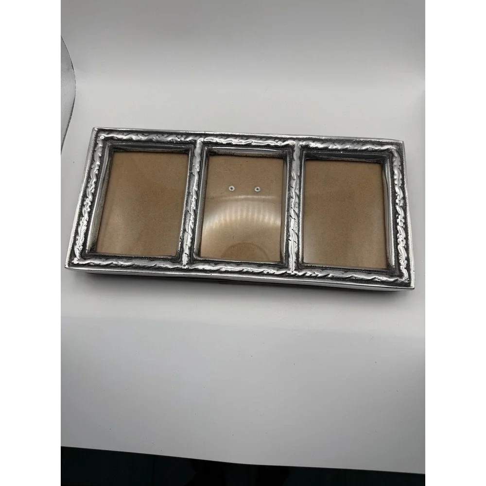 Vintage Silver Tone Metal Triple‎ Picture Frame Textured Border Tabletop Easel